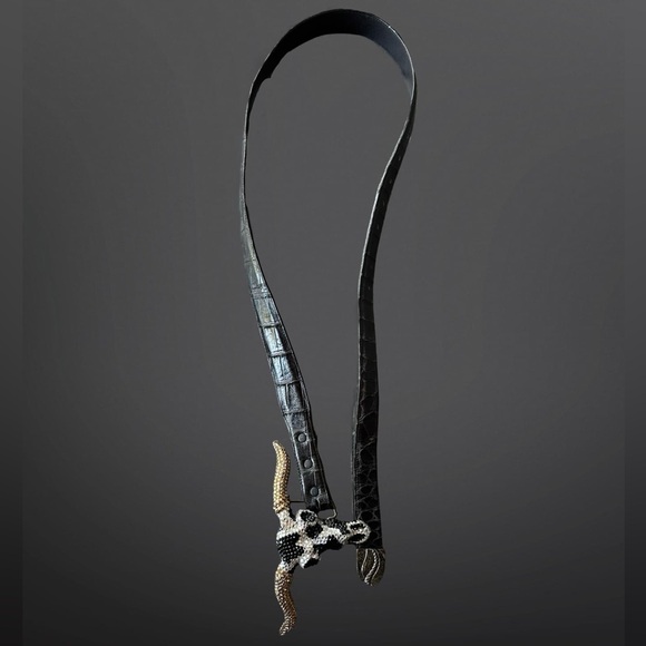 Vintage 80s sequins longhorn bull brass belt buckle by Baron alligator leather - Picture 5 of 8